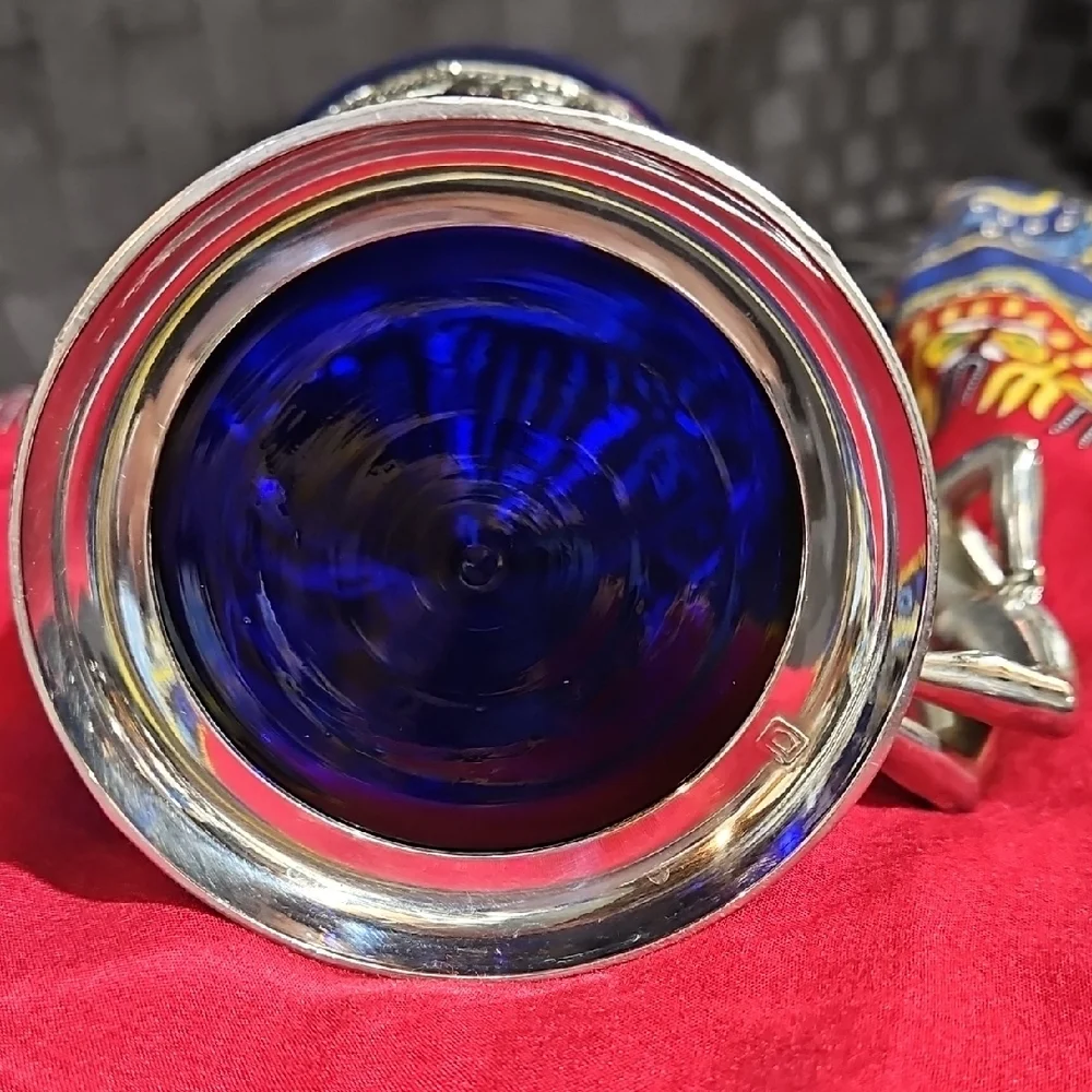 Vtg 1950s Japanese Cobalt Blue Glass Dragon Tankards Silver Nude Lady Mugs
